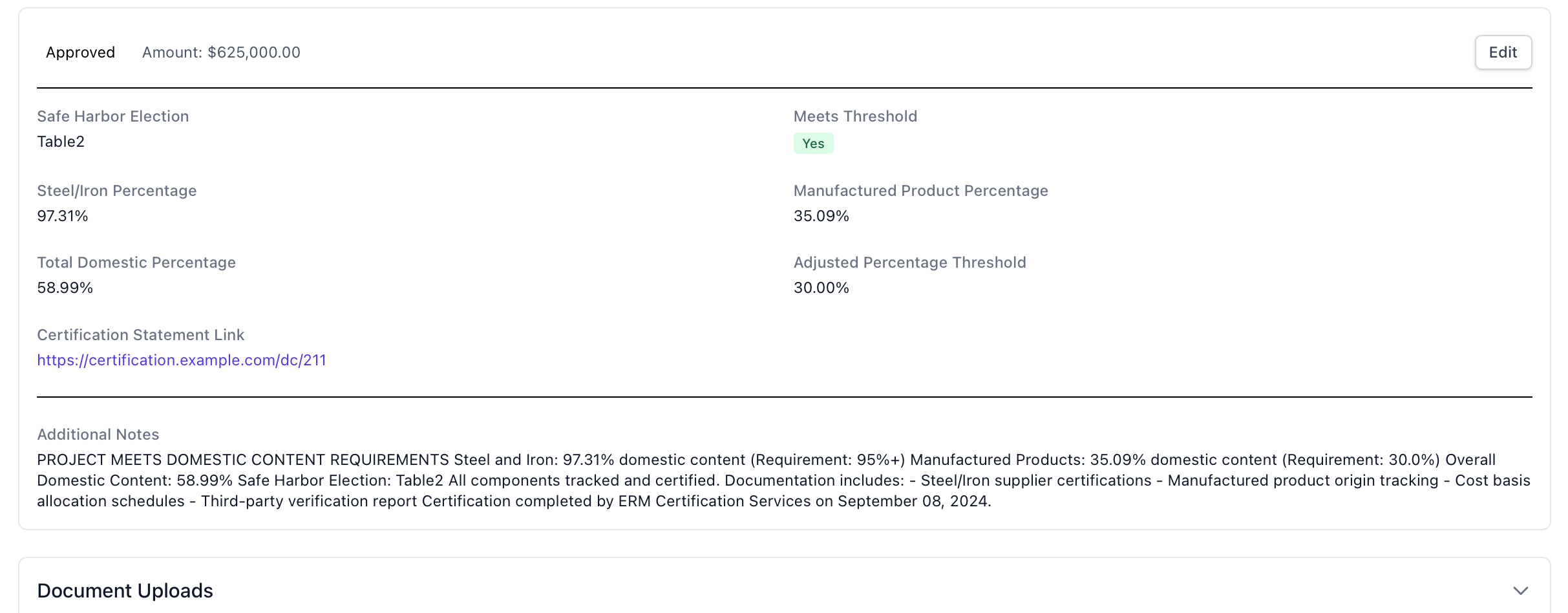 Domestic Content Certification